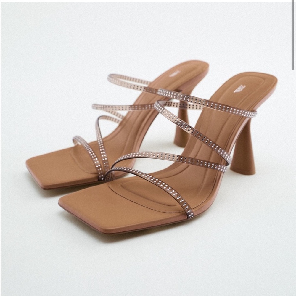 Zara Black Translucent Clear Crystal Strappy Heeled Sandals in Tan/Nude/Brown 7